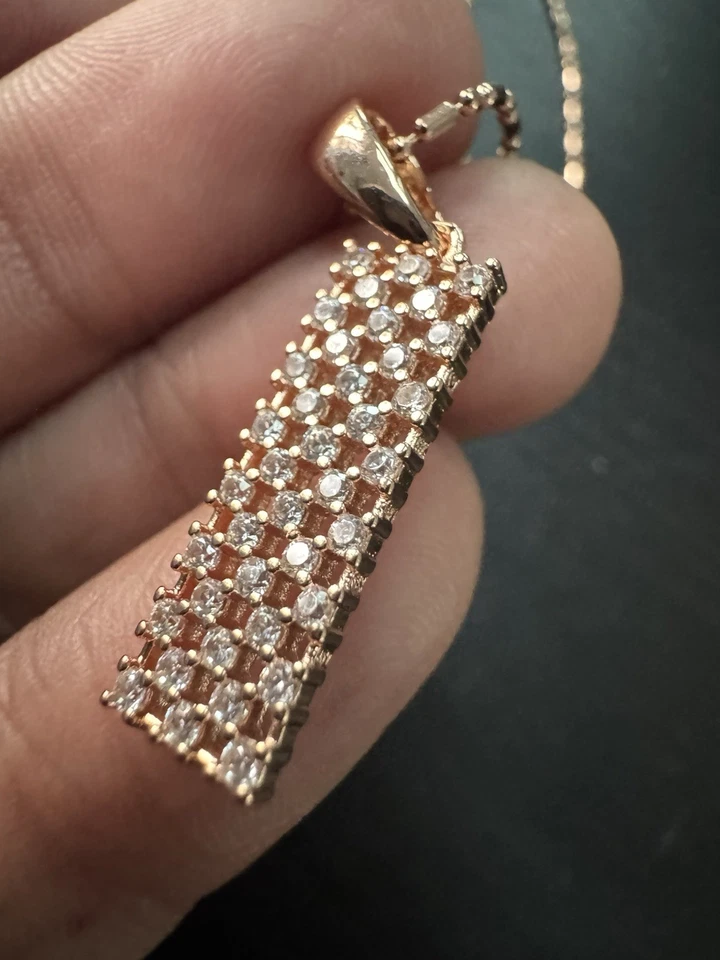 585 14K RG Estampado Vertical Barra de Cristal Colgante 19” Collar Cierre Cadena Foto 4 de 4