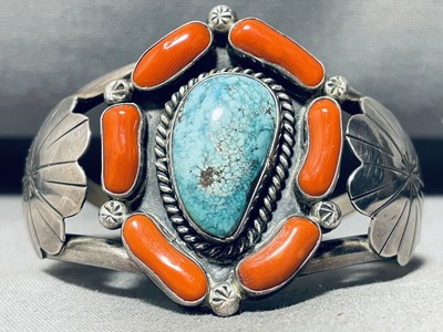 DROPDEAD FAB VINTAGE NAVAJO TURQUOISE CORAL STERLING SILVER BRACELET