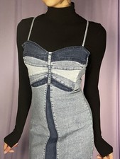 Preppy, Grunge Blue Denim Maxi Dress with Butterfly Detail, Size XS