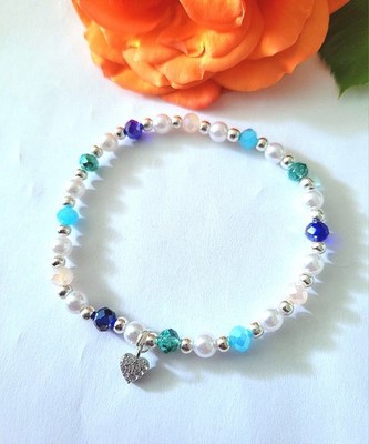 Sylvie's Armband Kristall/Perlen weiss blau mint handmade 20 cm dehnbar / 1621