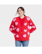 33 Degrees Women's Pink Hearts Cardigan Red with Pink Hearts Size Small