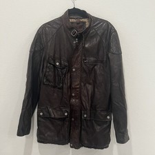 Tre Vero Men's Large Brown Leather Biker Jacket Zip-Up Moto Vintage Patches FF