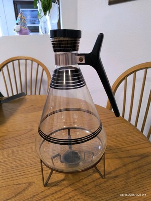 Vintage  Carafe Glass Cork & Copper Lid Coffee Tea Warmer with Stand