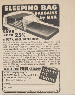 1949 Print Ad Alaska Brand Sleeping Bags Down,Wool,Kapok Portland,Oregon