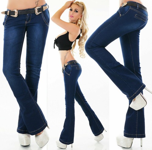 Jeans Donna Pantaloni Denim Svasati Taglio a Zampa di Elefante Aderenti  Cintura | eBay