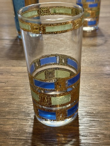 3 - Vintage Mid century teal blue gold Spanish / Aztec Tumblers - Picture 8 of 16