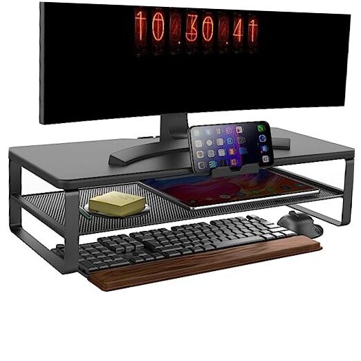 Monitor Stand with drawer, 2-Tier Monitor Stand Riser with Phone Holder and-image