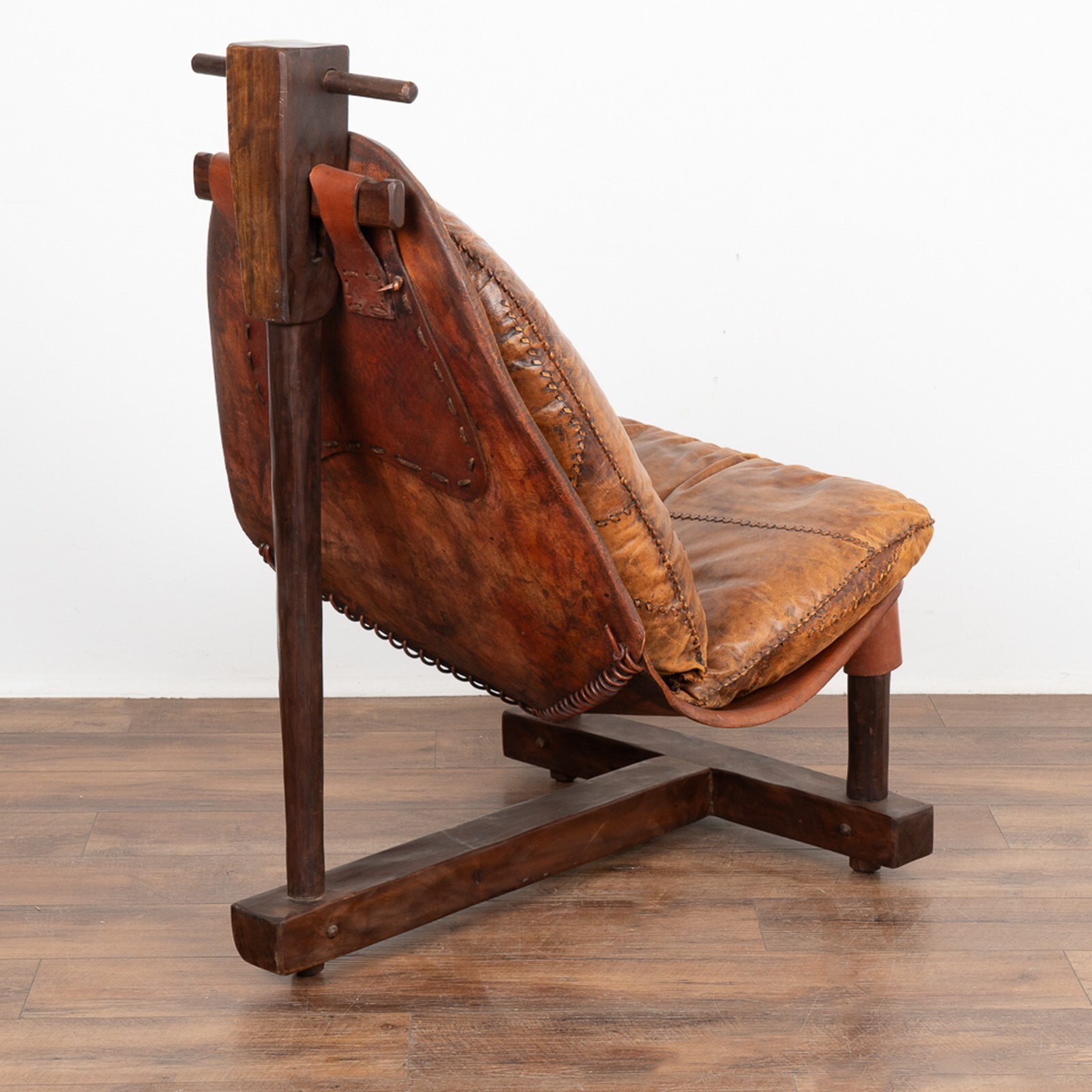 Mid Century Brutalist Patched Vintage Leather Lounge Chair, Brazil 1960's
