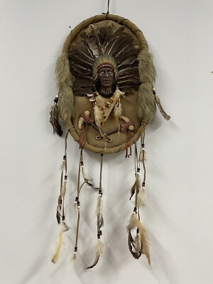 VTG Native American Resin Wood Real Fur Head Face Wall