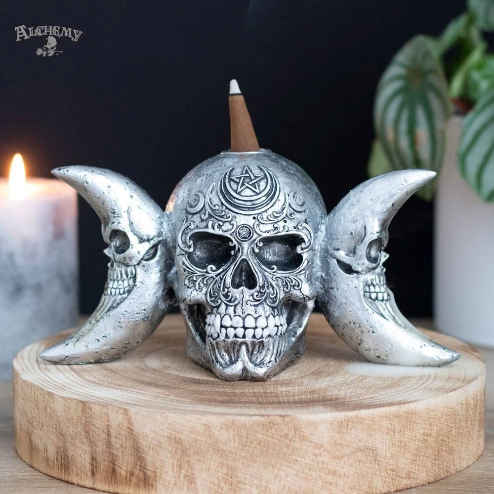 Alchemy Gothic Dark Goddess Skull Backflow Incense Cone Burner Sandalwood Cones