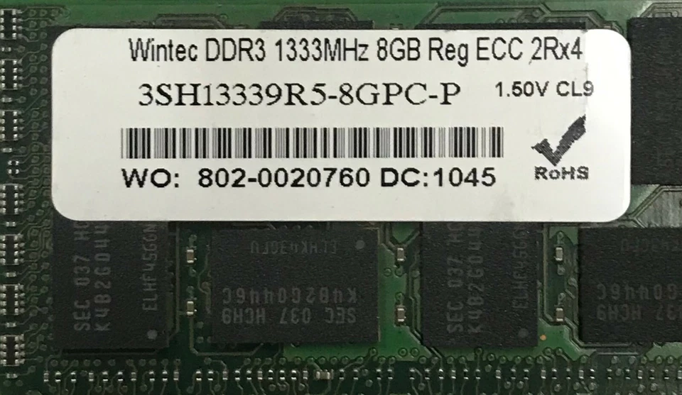 Wintec 8GB (1x8GB) ECC/REG SERVER RAM PC3-10600R DDR3-1333 3SH13339R5-8GPC-P - Image 2 of 4