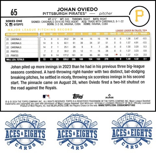 2024 Topps Johan Oviedo Pittsburgh Pirates #65 - Picture 2 of 2