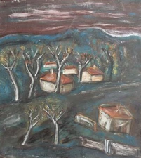 Vintage expressionist oil painting village landscape