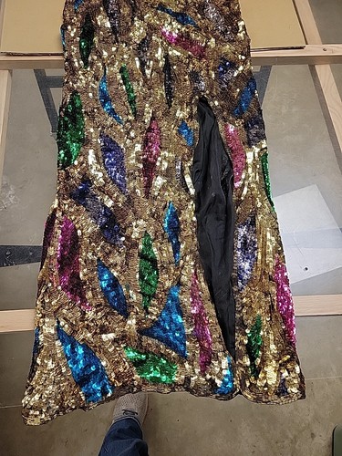 Vintage 80s Sequin Dress Gold Colorful Slit Party Time Cocktail Prom Silk Large - Picture 2 of 17