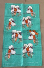 Vtg Rod Groves Textiles Pure Linen Tea Towel Kookaburra Birds Australia Teal