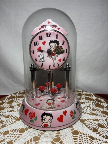 Porcelain Anniversary Clock Betty Boop Pink With Dog & Revolving Flower  Works
