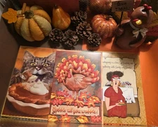 Thanksgiving Day Cards From Leaning Tree Set Of 3 Funny Cute Cat Pie New 