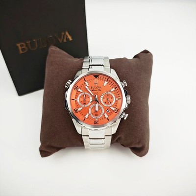 Bulova Men's Marine Star 6-Hand Quartz Watch 96B395 Orange Dial 43mm With Box