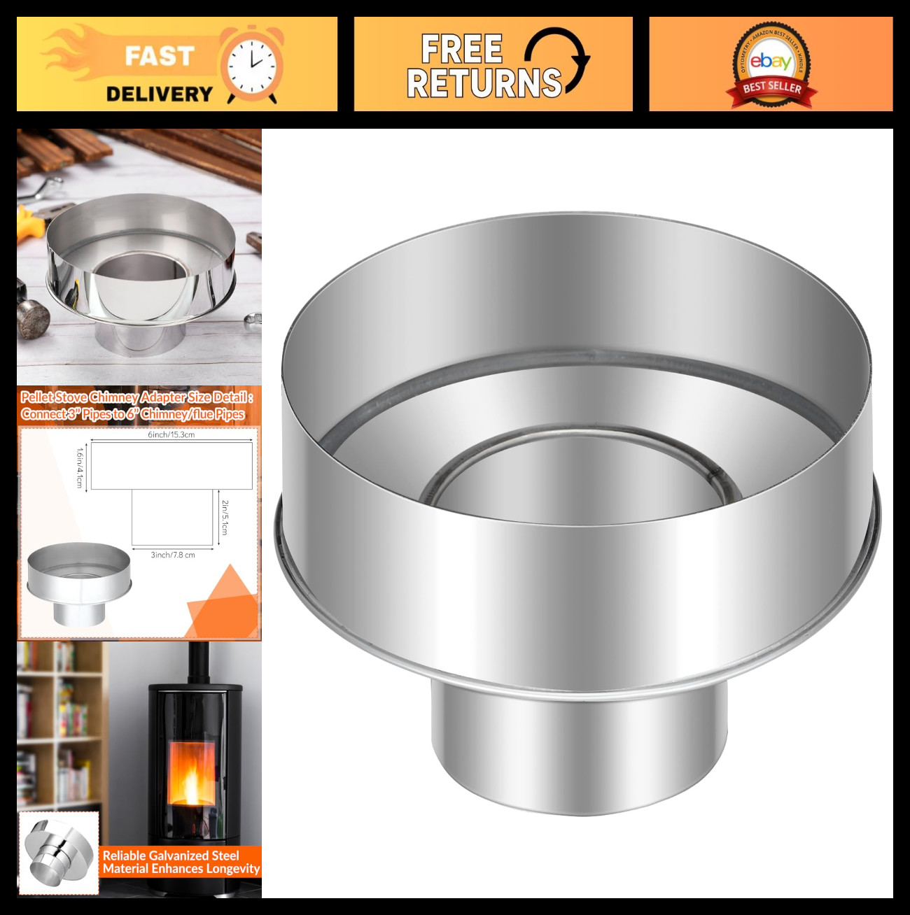3" x 6" Pellet Stove Chimney Adapter - Galvanized Steel Pipe