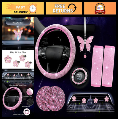 11 PCS Bling Car Accessories Set for Women - Steering Wheel Cover, Seat Belt, Ai