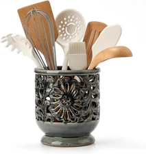 Farmhouse Kitchen Utensil Holder for Countertop, Ceramic Large Cooking Utensil C