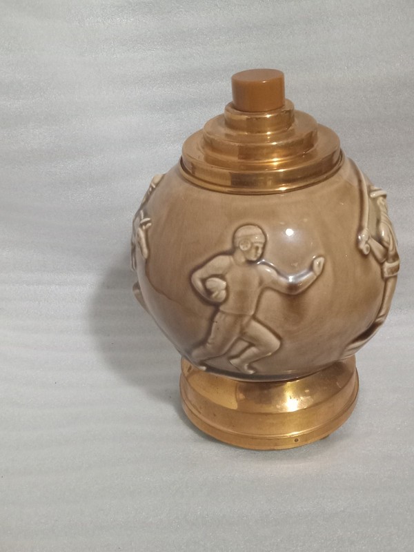 MUSICAL ROOKWOOD SPORTS BALL:FOOTBALL GOLF ETC. TAN & GOLD CIGARETTE DISPENSER