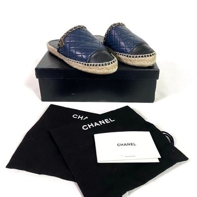 Chanel Quilted Leather CC Chain Espadrille Mule Navy Black EU 37
