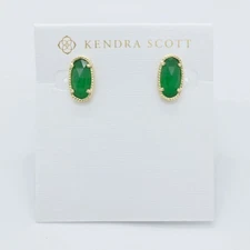 New Kendra Scott Gold Ellie Stud Earrings In Green Cats Eye Stone