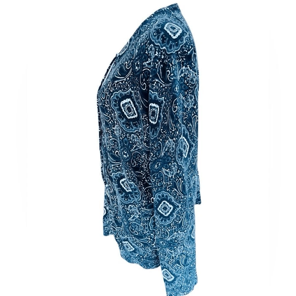 Lands’ End gray/black/white paisley cotton blend button front cardigan sz L. - Imagem 4 de 4