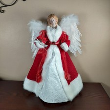 Christmas Angel Tree Topper 16.5&rdquo; Tall Feather Wings Red Velvet White Fur Trim
