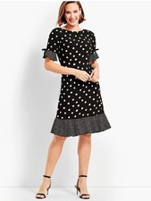 Talbots Black White Polka Dot Ruffle Midi Shift Dress Boat Neck Short Sleeve 4P