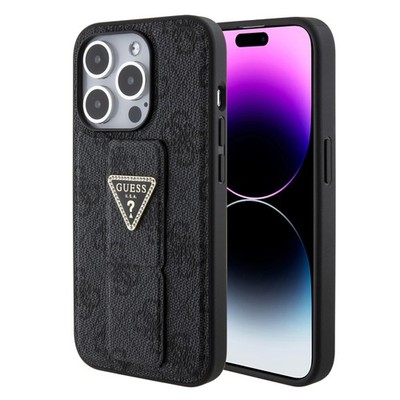 Guess Hülle für iPhone 15 Pro Max Schwarz Hardcase Grip Stand 4G Triangle Strass