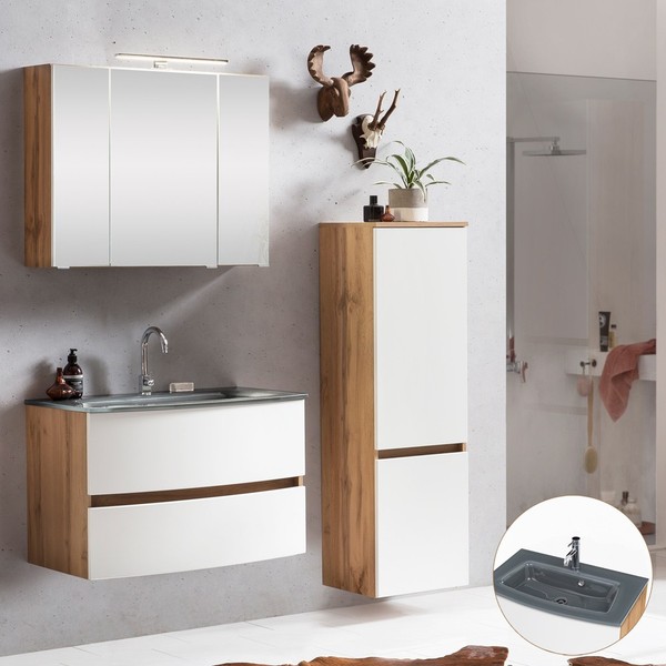 BadmöBel Set Matt Weiß Waschtisch Spiegelschrank Midischrank Badezimmer GäSte-Wc-image