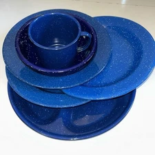 Camping Cookware Dish Bowls Plates Cups Blue Speckled Emanuel