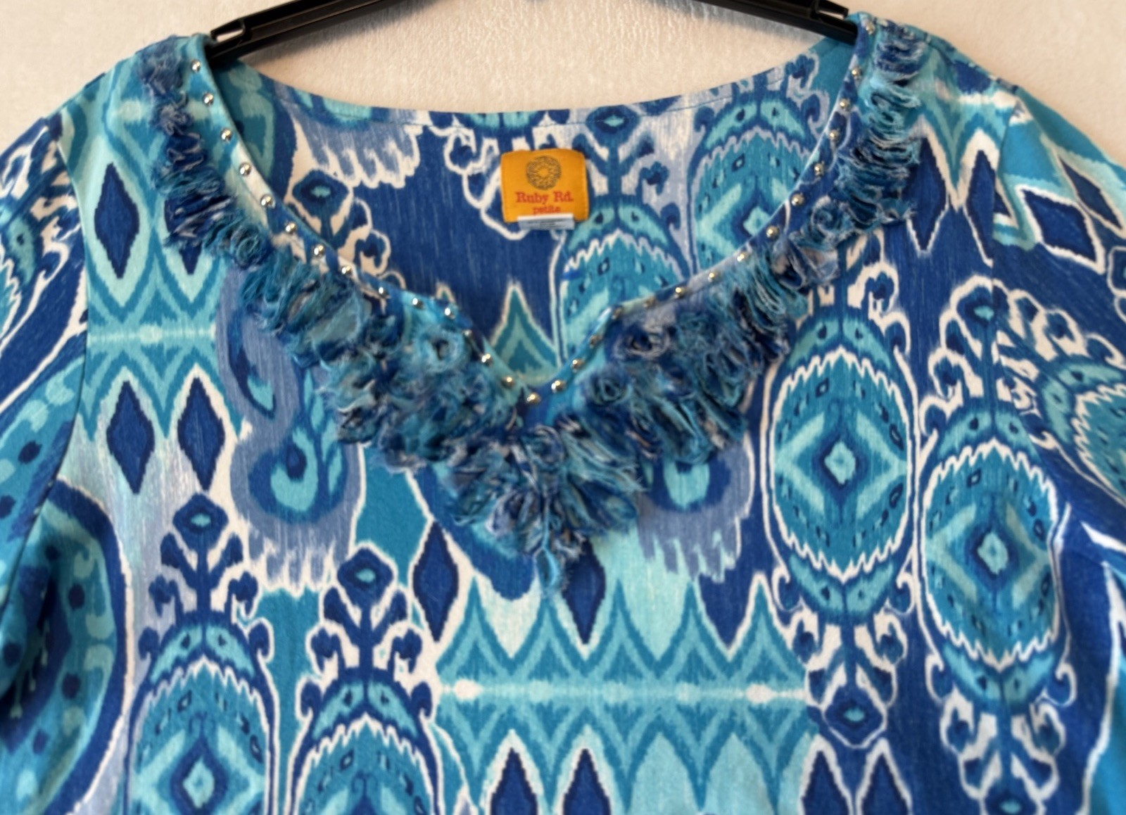 Ruby Rd Beaded Neck Top Blue Womens Size PXL Prin… - image 2