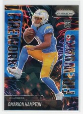 2025 Omarion Hampton Panini Prizm Fireworks #17 Blue Ice /99 Rookie Chargers