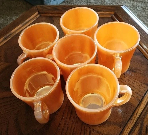 VTG Set Of 6 Fire King Peach Luster D Handle Coffee Mugs