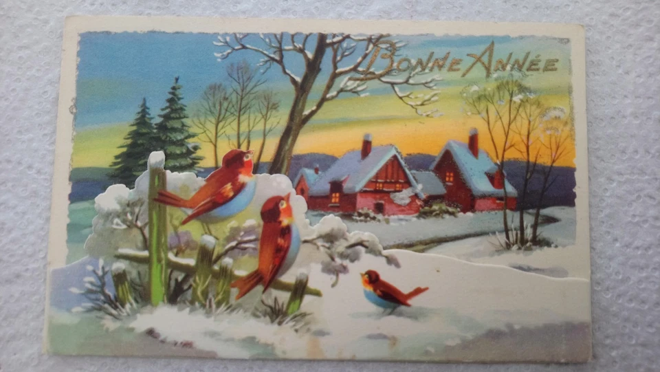 CPA FANTAISIE / BONNE ANNEE / PAYSAGE HIVERNAL / OISEAUX EN RELIEF DECOUPIS - Photo 1/1