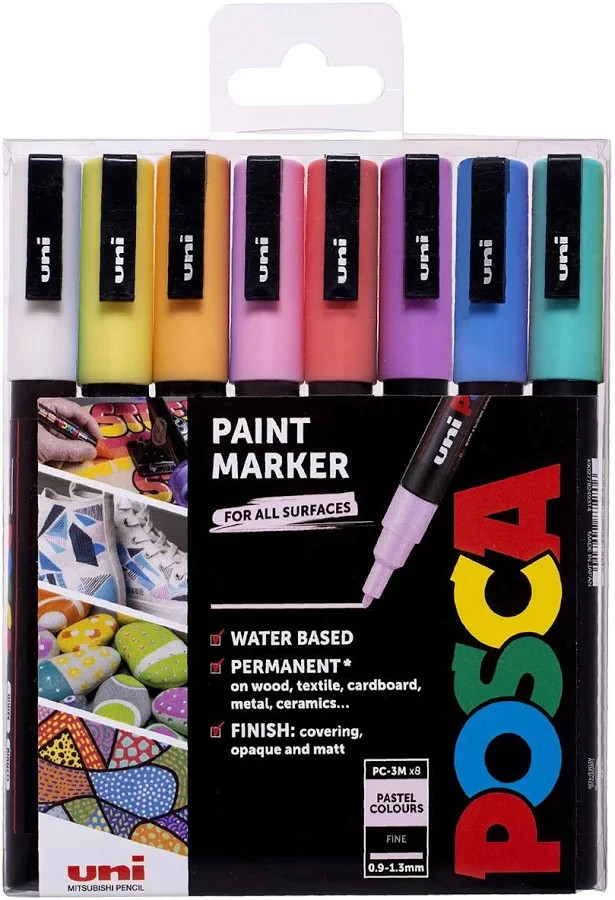 Uni POSCA PC-3M Painting Markers, Pastel Colours (Set Of 8)