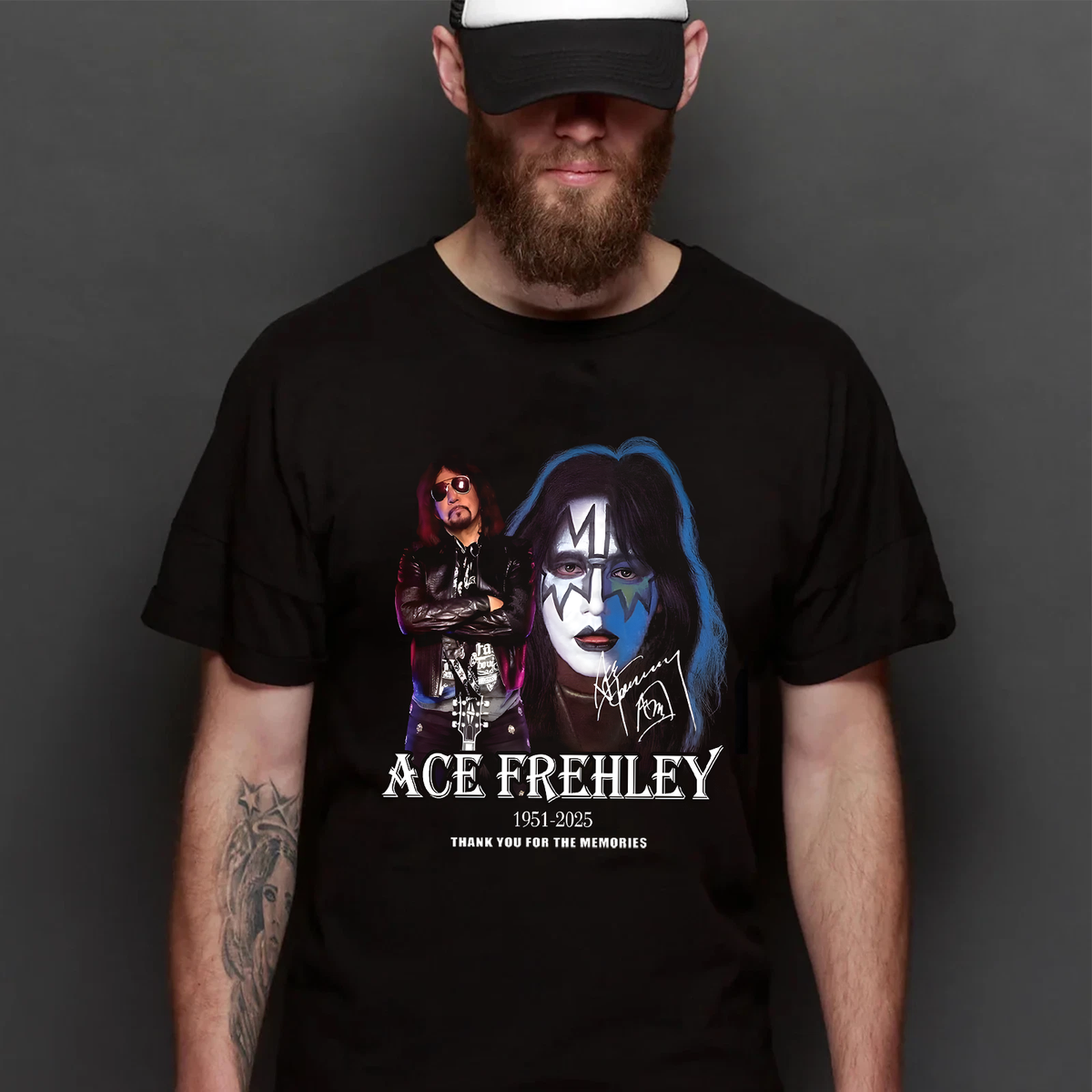 T-shirt Ace Frehley (1951-2025) Coton Noir - Unisexe, Personnalisable - Neuf Avec étiquettes USA
