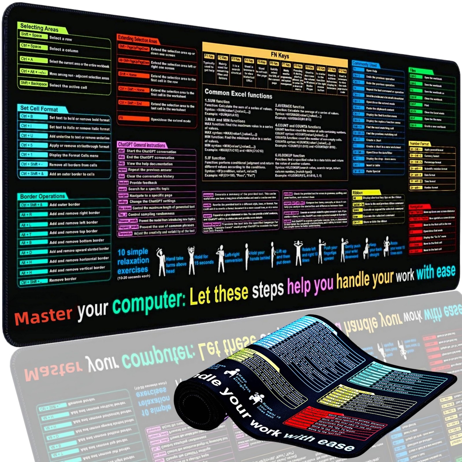 Excel Cheat Sheet Desk Pad Mat (11.8x31.5in) - XL Formulas Xxl, Black