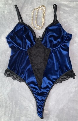 NEW Shiny  Blue Velvet & Lace Teddy Bodysuit 2X Frilly Flutter Thong