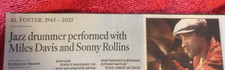 OBITUARY 1943 - 2025 AL FOSTER JAZZ DRUMER PERFORMED MILES DAVIS SONNY ROLLINS