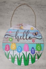 Hello Spring Front Door Home Sign Hanging Decoration Wood Bee Flower Tulip NEW