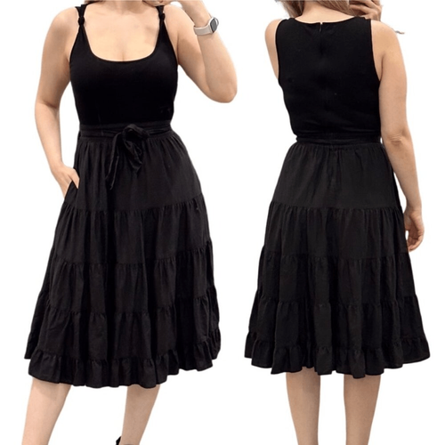 Paige Samosa Ribbed Knit Mixed Media Tiered A-Line Midi Dress in Black Size S - Picture 2 of 14