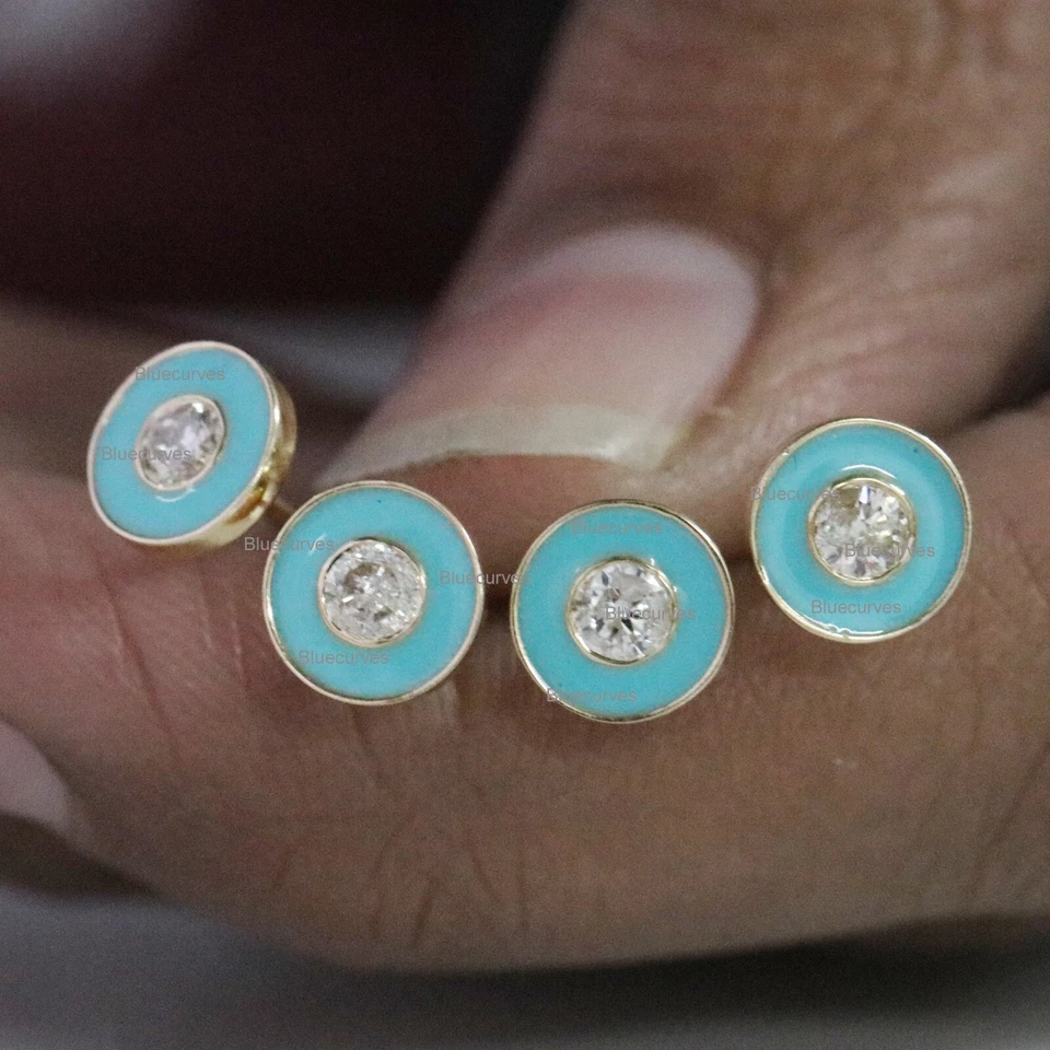 Turquoise Enamel Disc Stud Earrings Diamond Solid 18k Yellow Gold Fine Jewelry - Image 2 of 4