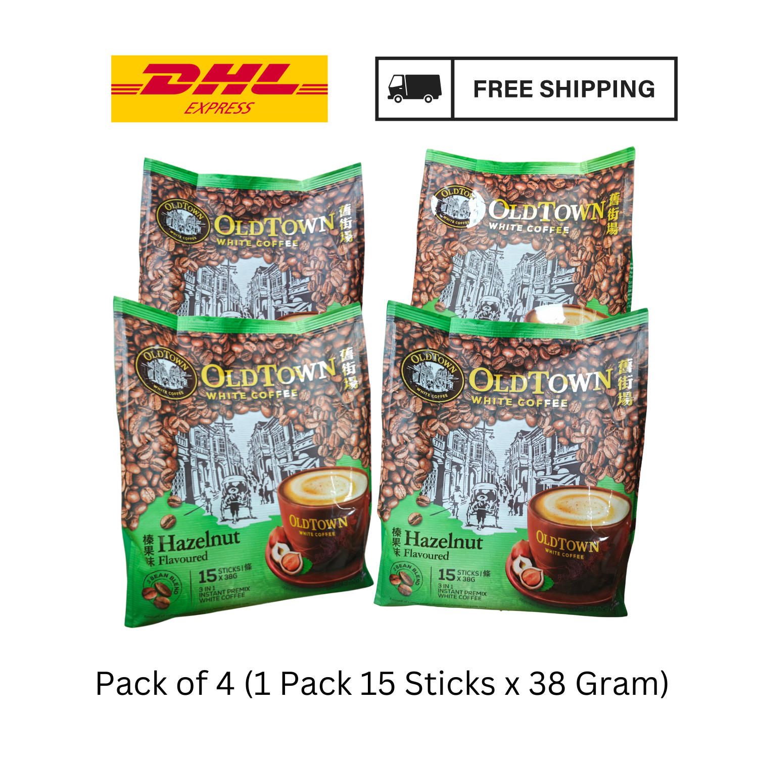 Old Town White Coffee 3-in-1 Instant Hazelnut Flavor 15 Sticks x 38g (Pack of 4)