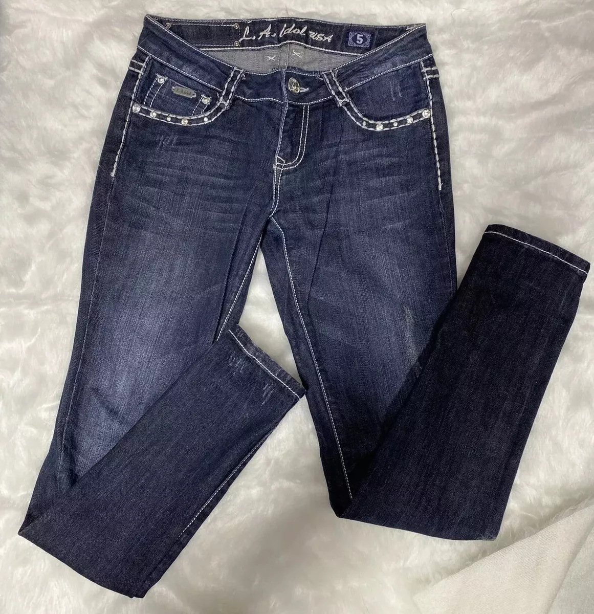 LA IDOL USA Thick Cross Rhinestone Embroidered Women s Jeans SIZE 5 29x31 1 2