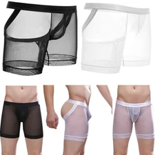 Mens Underwear Open Butt Briefs Ice Silk Shorts Sport Nightwear Lingerie Sexy