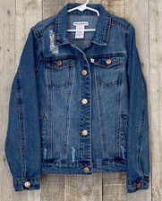 Girls Tommy Bahama Med Wash Distressed Blue Denim Button Up Jean Jacket SZ 12